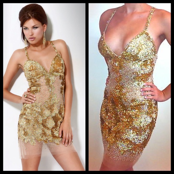 Jovani Gold Sequin Diamond Cocktail Party Dress - Picture 2 of 14